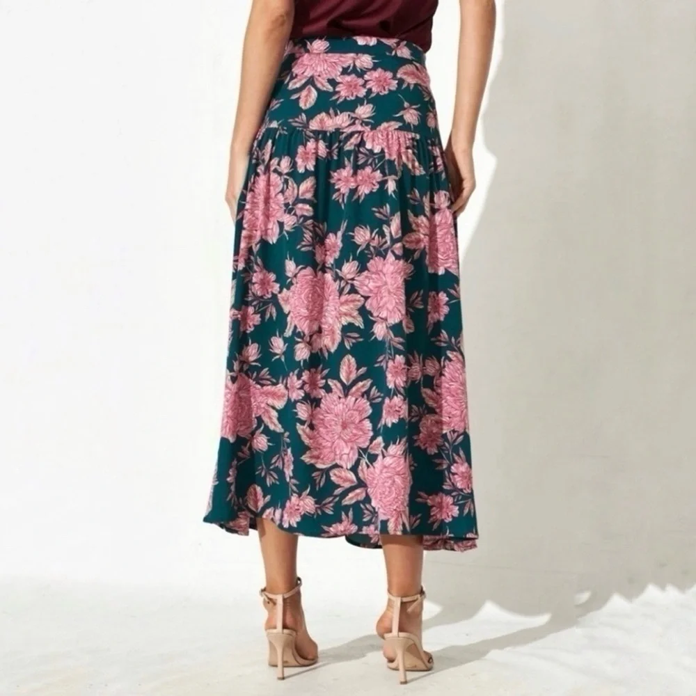 Abel The Label Bonnie Floral Boho Yoke Maxi Skirt Teal Pink Large
